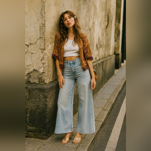 RISEN Palazzo High-Rise Ultra Baggy Wide Leg Cropped Ankle Jeans Denim Pants - Picture 12 of 16